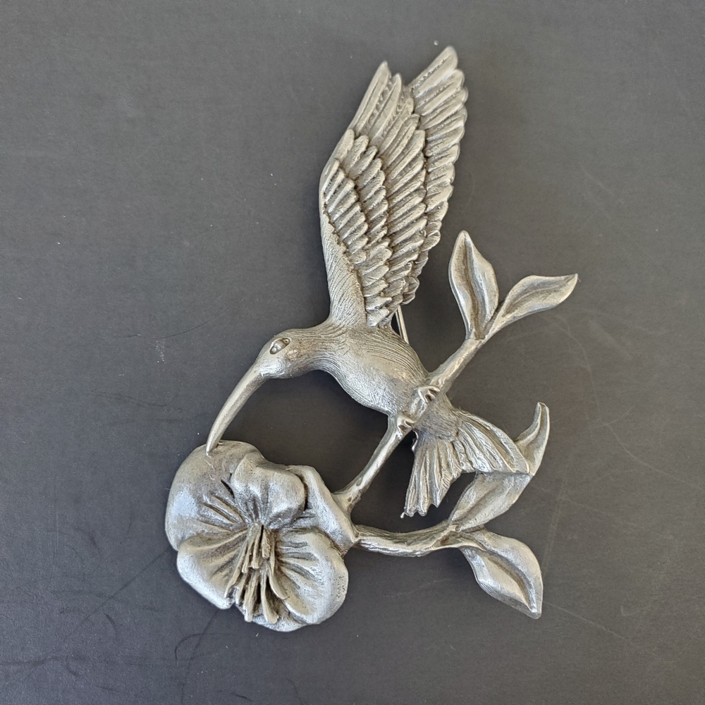 Vintage Pewter Hummingbird and Flower Brooch Pin. Spoontiques Brand. USA.